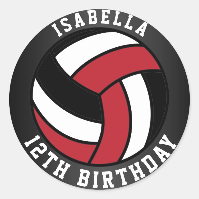 Sticker Rond Jour d'anniversaire du volley-ball noir, rouge fon (Devant)