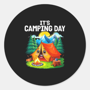 Sticker Rond Jour de camping heureux en plein air tente aventur