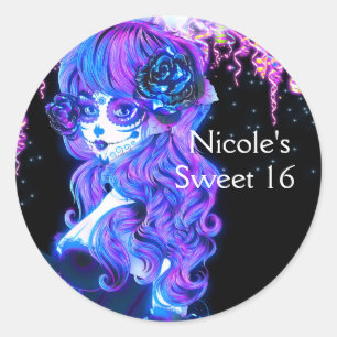 Sticker Rond Jour de la Dead Sugar Skull Girl Glow Neon Party