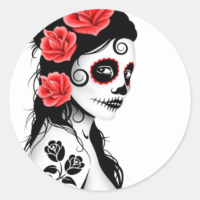 Sticker Rond Jour de la fille crâne de sucre mort - blanc (Devant)