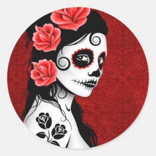 Sticker Rond Jour de la fille crâne de sucre mort - rouge
