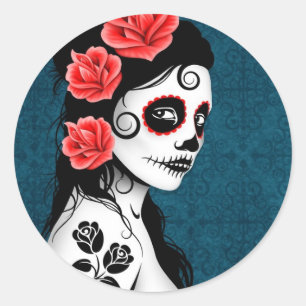 Sticker Rond Jour de la fille morte de crâne de sucre - bleu