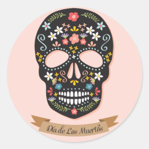 Sticker Rond Jour de la mort crâne de sucre, noir-rose