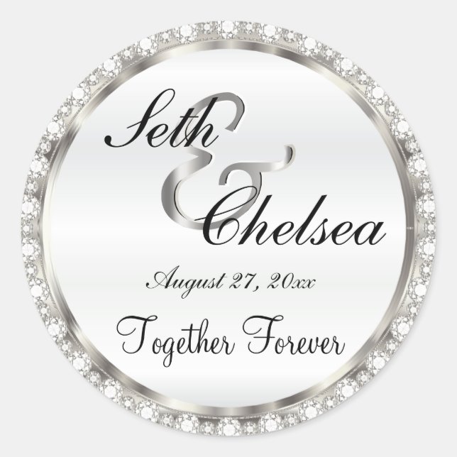 Sticker Rond Jour de mariage Argent et Blanc Satin & Faux Diama (Devant)