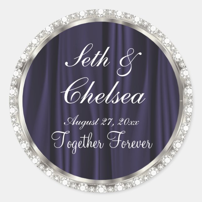 Sticker Rond Jour de mariage Plum Purple Satin & Faux Diamants (Devant)