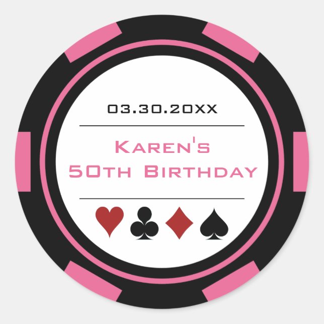 Sticker Rond Jour de naissance avec jetons de casino rose et no (Devant)