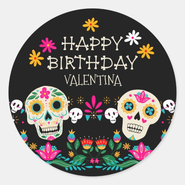 Sticker Rond Jour des crânes de sucre morts Joyeux anniversaire (Devant)