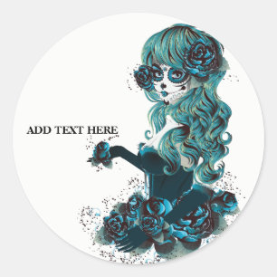 Sticker Rond Jour des Morts Belle Fille au Maquillage de Crâne