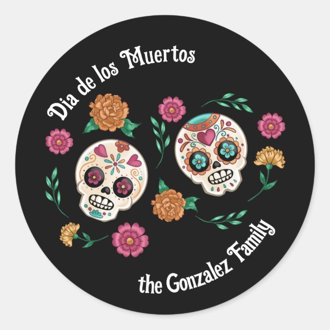 Sticker Rond Jour des Morts crânes et fleurs de sucre Noir (Devant)