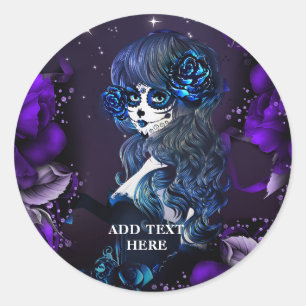 Sticker Rond Jour des Morts Mexicaine Fille Anniversaire Purple