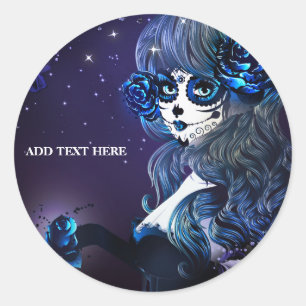 Sticker Rond Jour des Morts Mexicaine Fille Anniversaire Purple