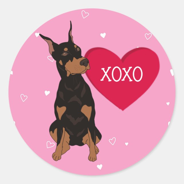 Sticker Rond Jour Doberman Pinscher Valentines (Devant)