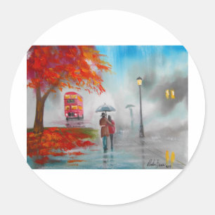 Sticker Rond Jour pluvieux automne rouge bus peinture parapluie