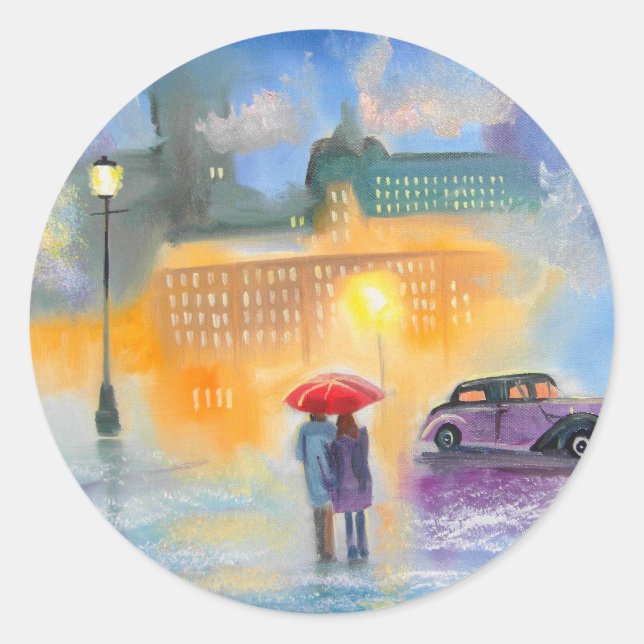 Sticker Rond Jour pluvieux rouge parapluie romantique couple ma (Devant)
