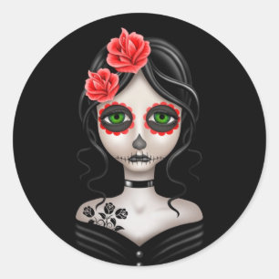 Sticker Rond Jour triste de la fille morte sur le noir