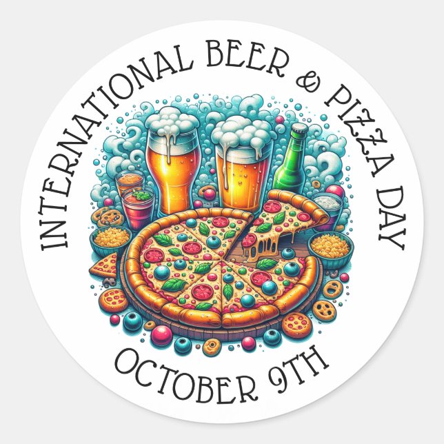 Sticker Rond Journée internationale de la bière et de la pizza  (Devant)