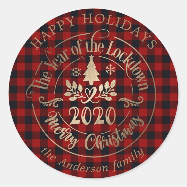 Sticker Rond jours heureux lock-down année or buffalo plaid (Devant)