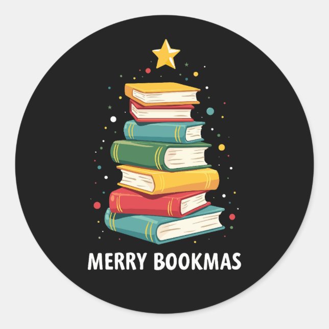 Sticker Rond Joy Bookmas - Festive Book Stack for Book Lovers (Devant)