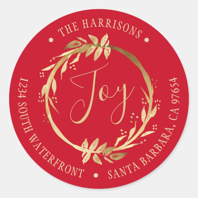 Sticker Rond Joy Gold Wreath Red Family Adresse de retour (Devant)