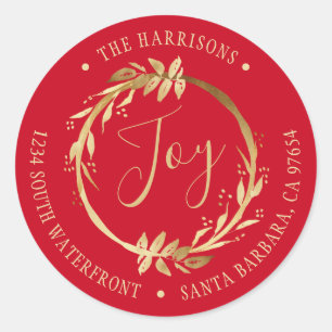 Sticker Rond Joy Gold Wreath Red Family Adresse de retour