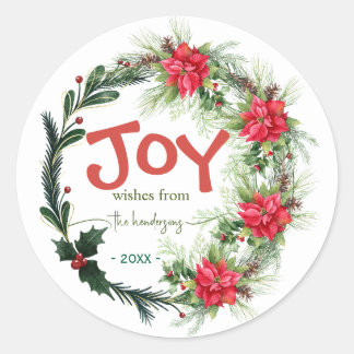 Sticker Rond Joy Handwritten Script Name Christmas Wreath  Red 
