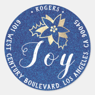 Sticker Rond Joy Holly Holiday Adresse de retour Blue RSVP Gold