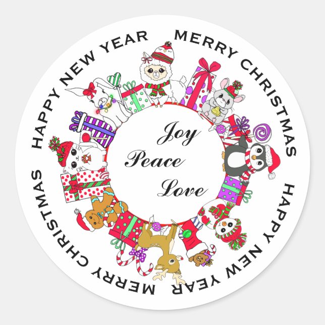 Sticker Rond Joy, Peace, Love Little Christmas Animaux (Devant)
