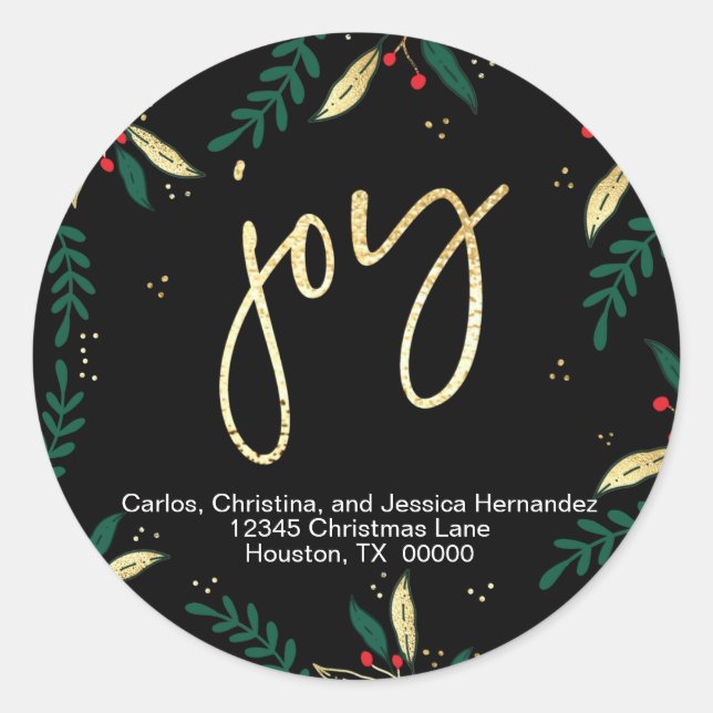 Sticker Rond Joy Red Gold Green élégante pour Noël noir (Devant)