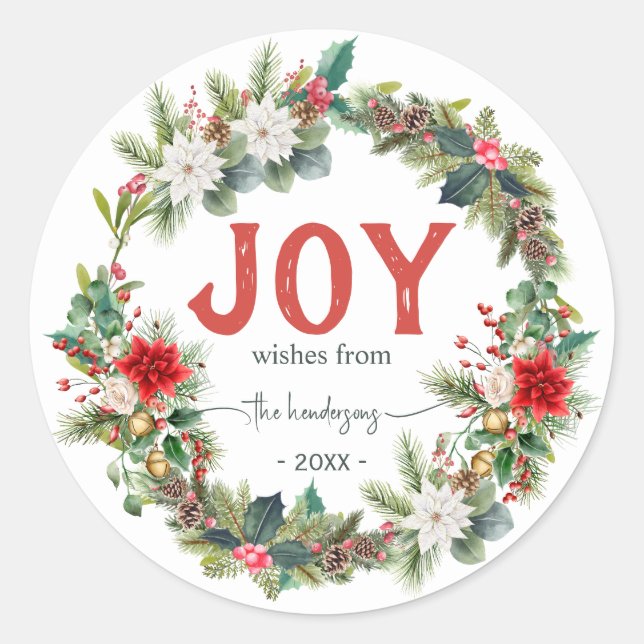 Sticker Rond Joy Rustic Typography Name Christmas Wreath  Red  (Devant)