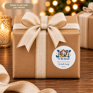 Sticker Rond Joy to the World Blue Nativity Scene Personalized