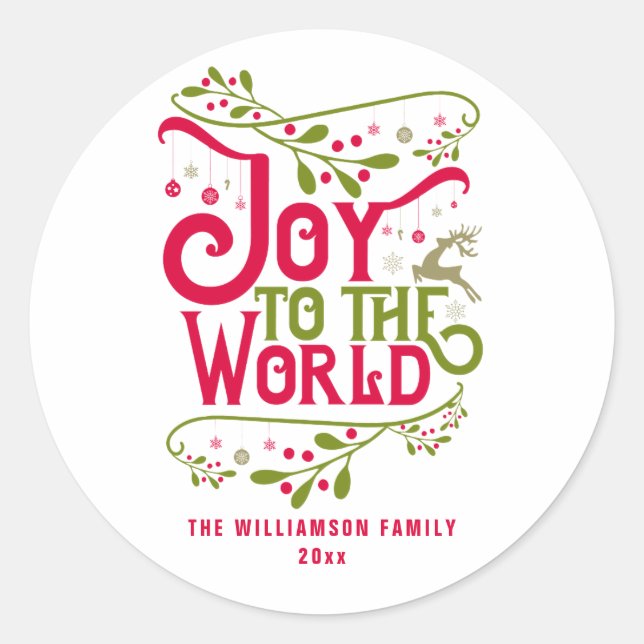Sticker Rond Joy to the World Christmas Holiday Personnalisé (Devant)