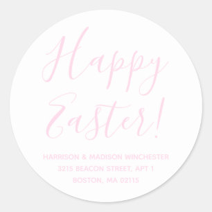 Sticker Rond Joyeuse adresse de retour du script rose blanc de 