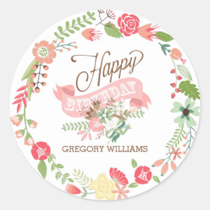Sticker Rond Joyeuse aquarelle d'anniversaire Wreath