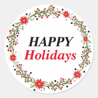 Sticker Rond Joyeuse couronne de fêtes avec fleurs Noël