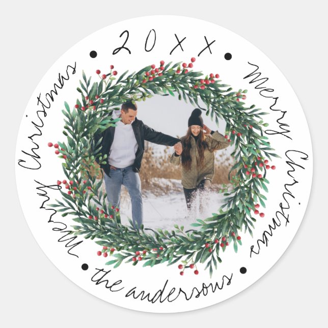 Sticker Rond  Joyeuse couronne de Noël Berries rouges Nom Photo (Devant)