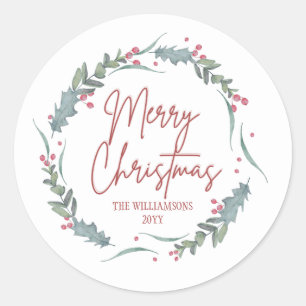 Sticker Rond Joyeuse couronne vintage d'aquarelle de Noël