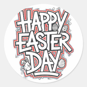 Sticker Rond Joyeuse fête de Pâques 2025 Oeufs de lapin Coeur D