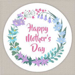 Sticker Rond Joyeuse Fête des Mères Couronne Florale Fleurs Ble