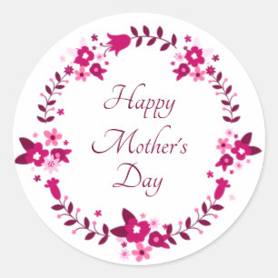 Sticker Rond Joyeuse Fête des Mères rose guirlande fleurie
