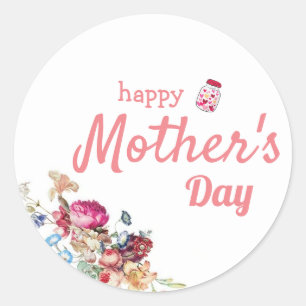 Sticker Rond Joyeuse fête des mères, typographie avec cl floral