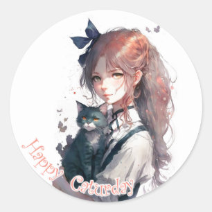Sticker Rond Joyeuse Fille Caturday tenant Son Chat Aquarelle