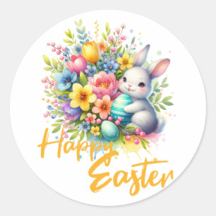 Sticker Rond Joyeuse fleur de printemps de Pâques avec lapin mi