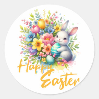 Sticker Rond Joyeuse fleur de printemps de Pâques avec lapin mi