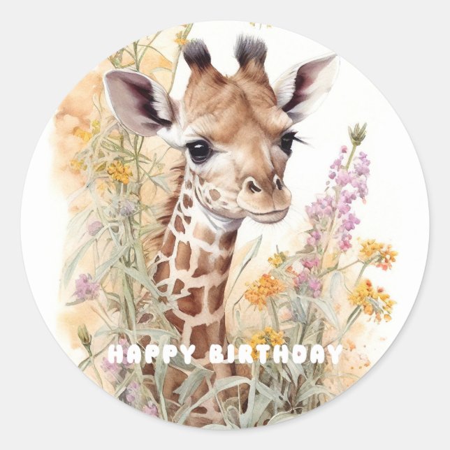 Sticker Rond Joyeuse Giraffe d'anniversaire (Devant)