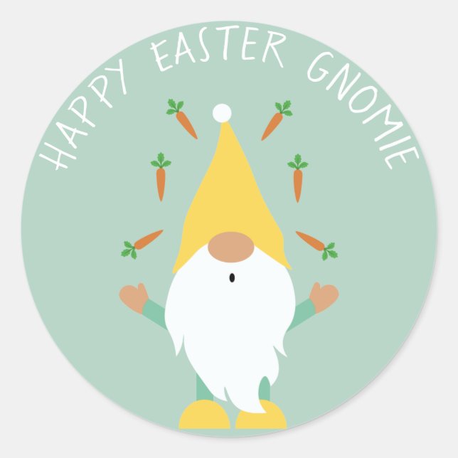 Sticker Rond Joyeuse Gnomie de Pâques Jonglant des carottes (Devant)