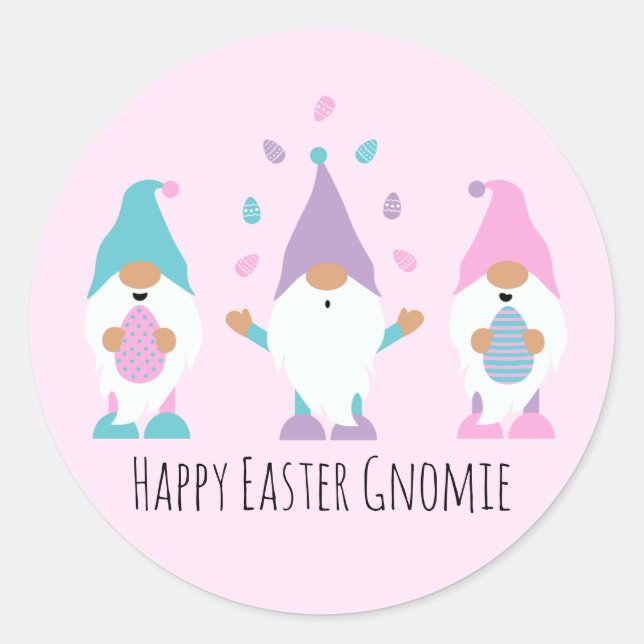 Sticker Rond Joyeuse Gnomie de Pâques Jonglant des oeufs de Pâq (Devant)