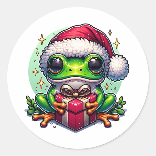 Sticker Rond Joyeuse Grenouille de Noël avec cadeau (Devant)