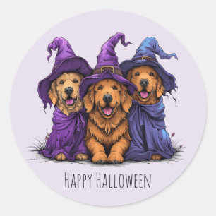 Sticker Rond Joyeuse Halloween Golden Retriever Chiens sorcière