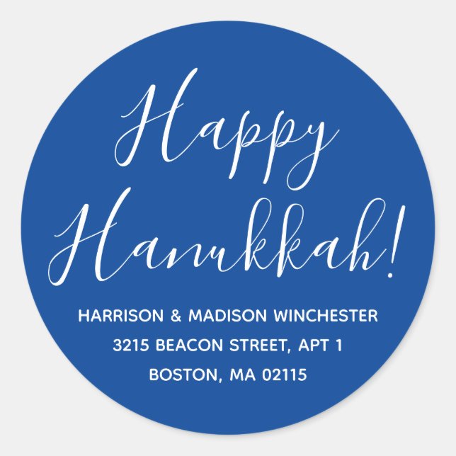 Sticker Rond Joyeuse Hanoukka bleu blanc script adresse de reto (Devant)