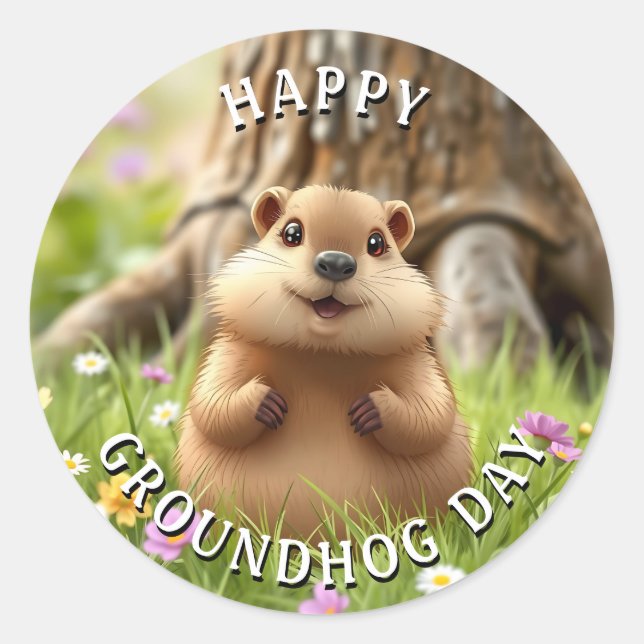 Sticker Rond Joyeuse Journée de la marmotte | Cute Woodchuck (Devant)